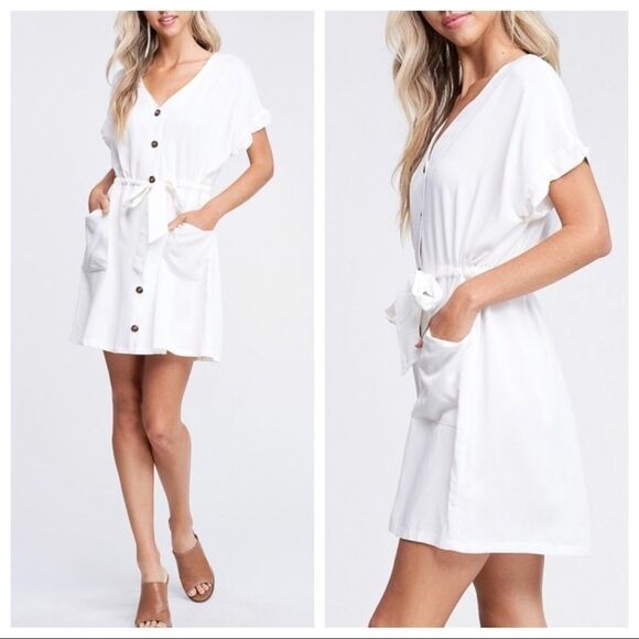Crescent Kritzia Button Down Mini Shirt Dress Waist Tie White Color NWT - Picture 1 of 10